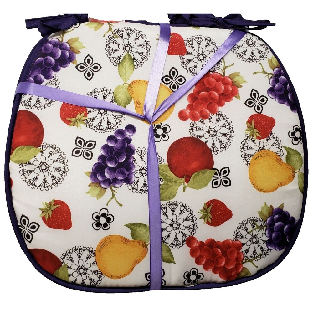 Set of 4 Same Cushion Chair Pads with purple ties (15"x15") FRUITS ON WHITE, BH